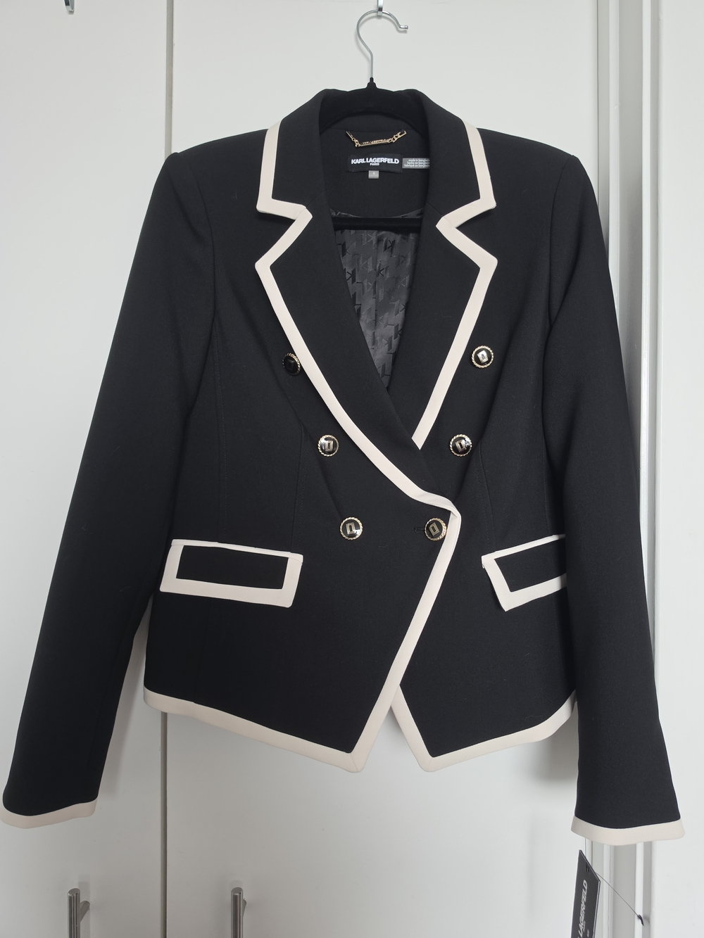 NWT Karl Lagerfeld Black Contrast-Trim Double-Breasted Blazer